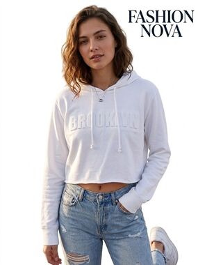 Fashion Nova White Cropped 'Brooklyn' Hoodie Size-Small